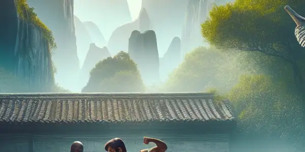 A group of Shaolin monks practicing kung fu in a traditional temple setting surrounded by mountains and greenery.