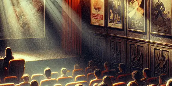 A dimly lit cinema room with diverse viewers, showcasing a couple's emotional connection amid vintage film elements.