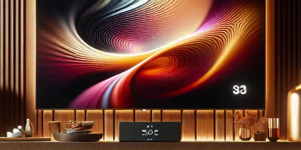 A cozy modern living room with a large TV displaying abstract art, inviting ambiance, and plush furnishings.