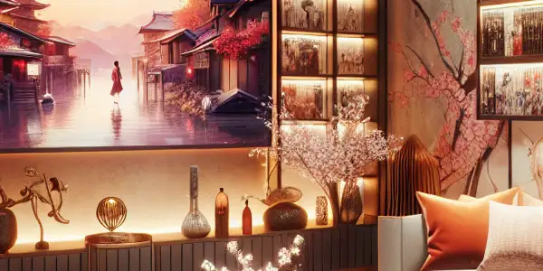 A vibrant Japanese living room setting featuring a large screen, plush furniture, and diverse adult film DVDs.