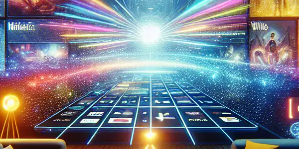 A modern streaming platform interface on a sleek device, showcasing diverse movie and TV show thumbnails in a cozy setting.