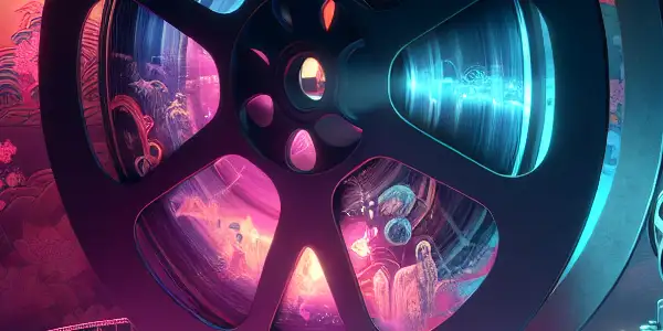 A vintage film reel unravels under neon lights, showcasing abstract scenes and hints of Japanese culture in a moody atmosphere.