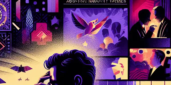 A troubled protagonist in a dim room, surrounded by abstract erotic imagery, grapples with the duality of sexual addiction.