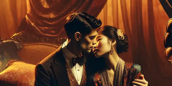 A passionate moment between lovers in a dimly lit room, surrounded by music and luxurious fabrics.