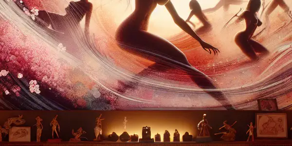 An elegant viewing room showcasing abstract silhouettes and elements of Japanese AV cinema, with warm, inviting lighting.