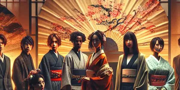 A contemporary Japanese film studio set featuring actors in stylish costumes and traditional decor, capturing the essence of adult entertainment.