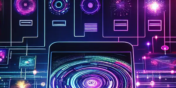 A futuristic touchscreen displaying vibrant thumbnails of adult films, set in a neon-lit digital environment.