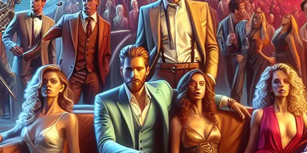 A diverse group of characters engaged in passionate interactions in a luxurious apartment setting.