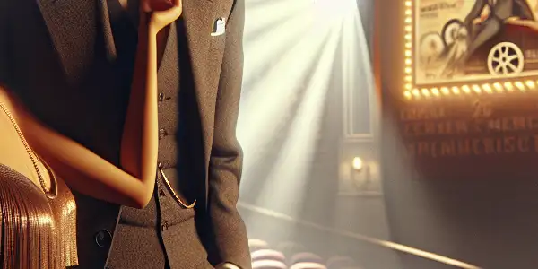 A couple flirts in a vintage cinema, surrounded by plush seats and flickering film, embodying timeless romance.