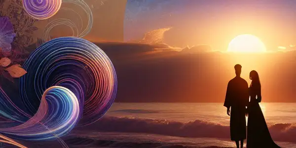 A romantic twilight scene of a couple embracing on a golden-lit shore with abstract ocean waves.