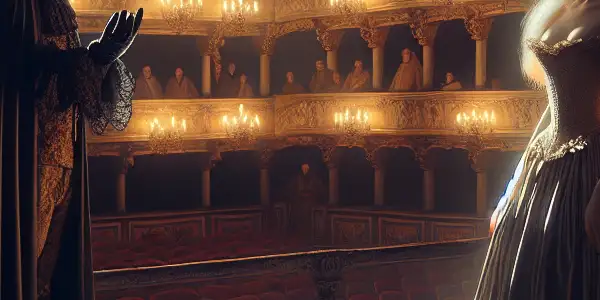 A mysterious figure in a gothic costume gazes at a beautiful soprano in a dimly lit opera house.
