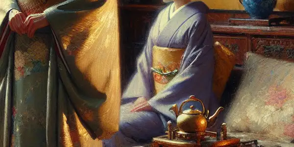 A serene living room scene featuring a middle-aged Japanese woman in a kimono, exuding grace and warmth.