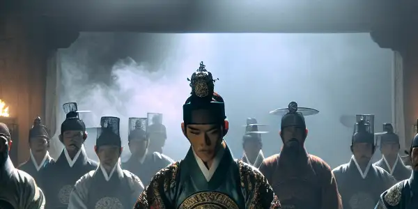 A tense moment in Namhan Fortress, featuring King Injo and court officials amidst conflict and betrayal in 1636.