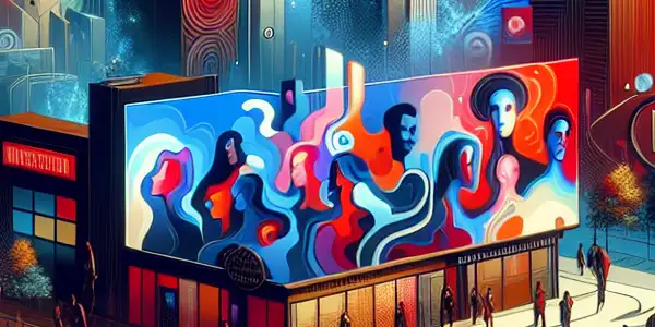 A vibrant digital landscape depicting diverse characters in playful, romantic interactions, symbolizing Western adult short films.