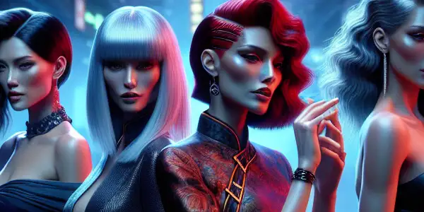 Six captivating women in sultry attire interact against a vibrant Shenzhen urban backdrop, exuding allure and confidence.