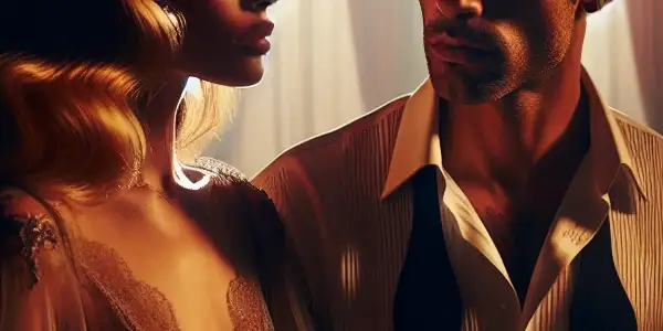 A couple shares a passionate moment in a dimly lit, luxurious bedroom filled with rich textures.