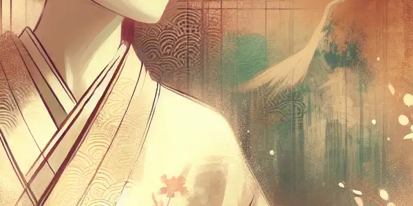 A Japanese actress exudes allure in a romantic, softly lit bedroom adorned with traditional decor and cherry blossoms.