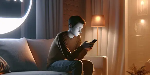A young adult watches adult films on a smartphone in a cozy, dimly lit room, emphasizing privacy and comfort.