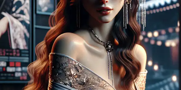 A charismatic woman in an intimate, elegantly decorated room inspired by Japanese adult films, surrounded by film reels and decor.