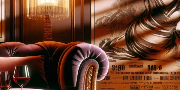 A romantic, dimly lit living space featuring a plush couch, wine, and hints of adult film culture.