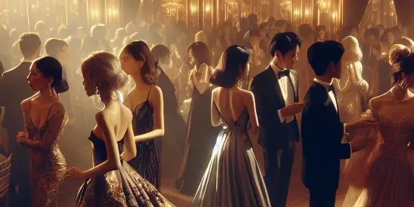 A glamorous ballroom filled with elegantly dressed couples dancing passionately under shimmering chandeliers and warm golden lighting.