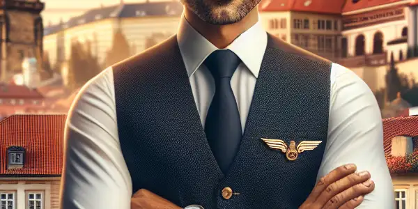 A confident flight attendant in a stylish uniform amidst Prague's Gothic architecture and charming cobblestone streets at sunset.